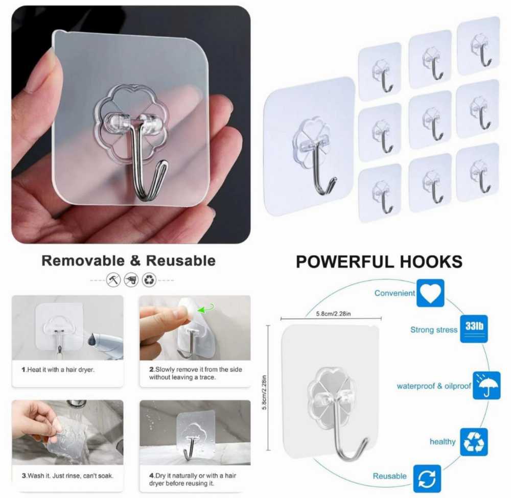 Pack of 10 Adhesive Single Hooks – Heavy Duty Transparent Wall Hooks
